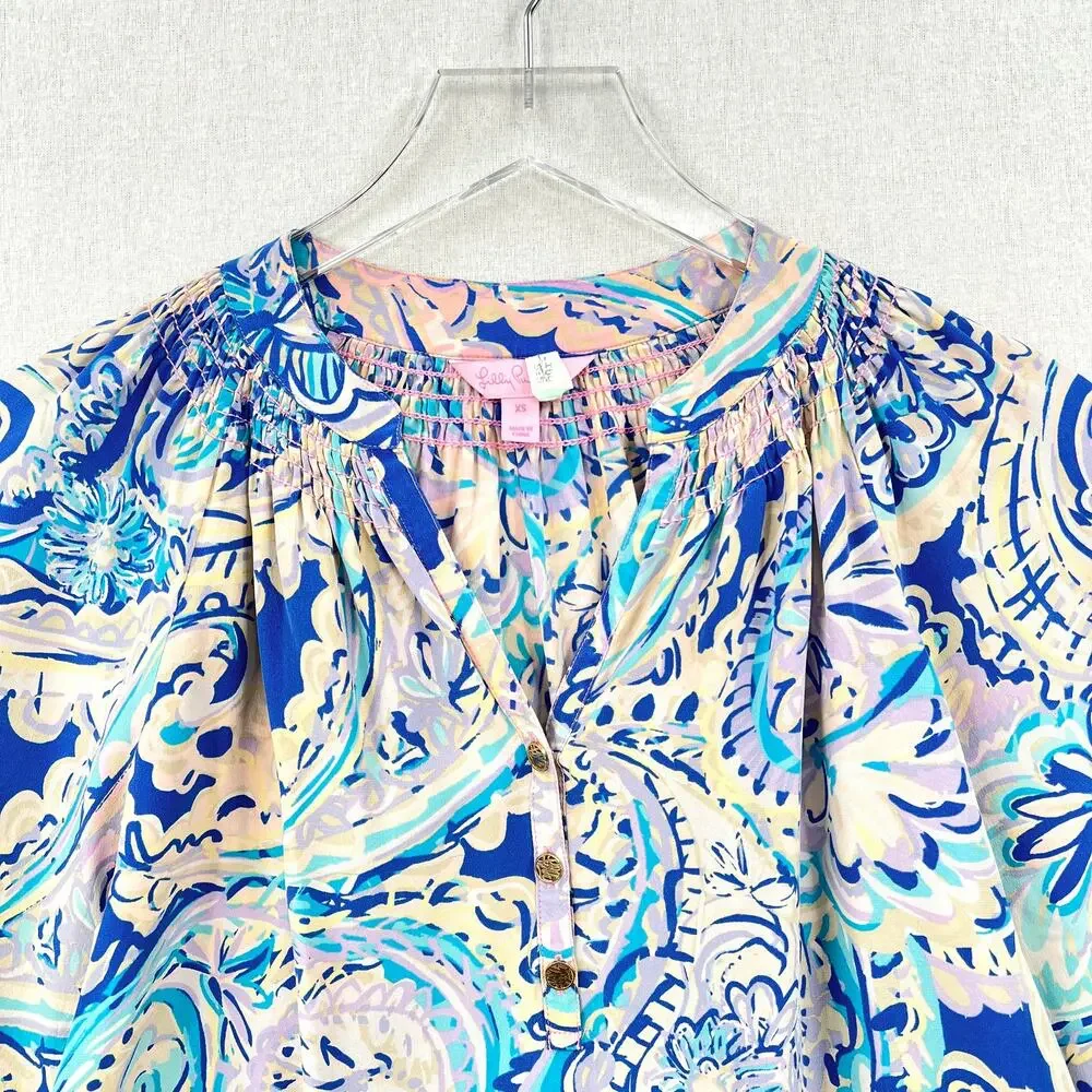 LILLY PULITZER Elsa Printed Silk Blouse Womens XS Blue Pink Long Sleeve Top FLAW - Picture 3 of 12